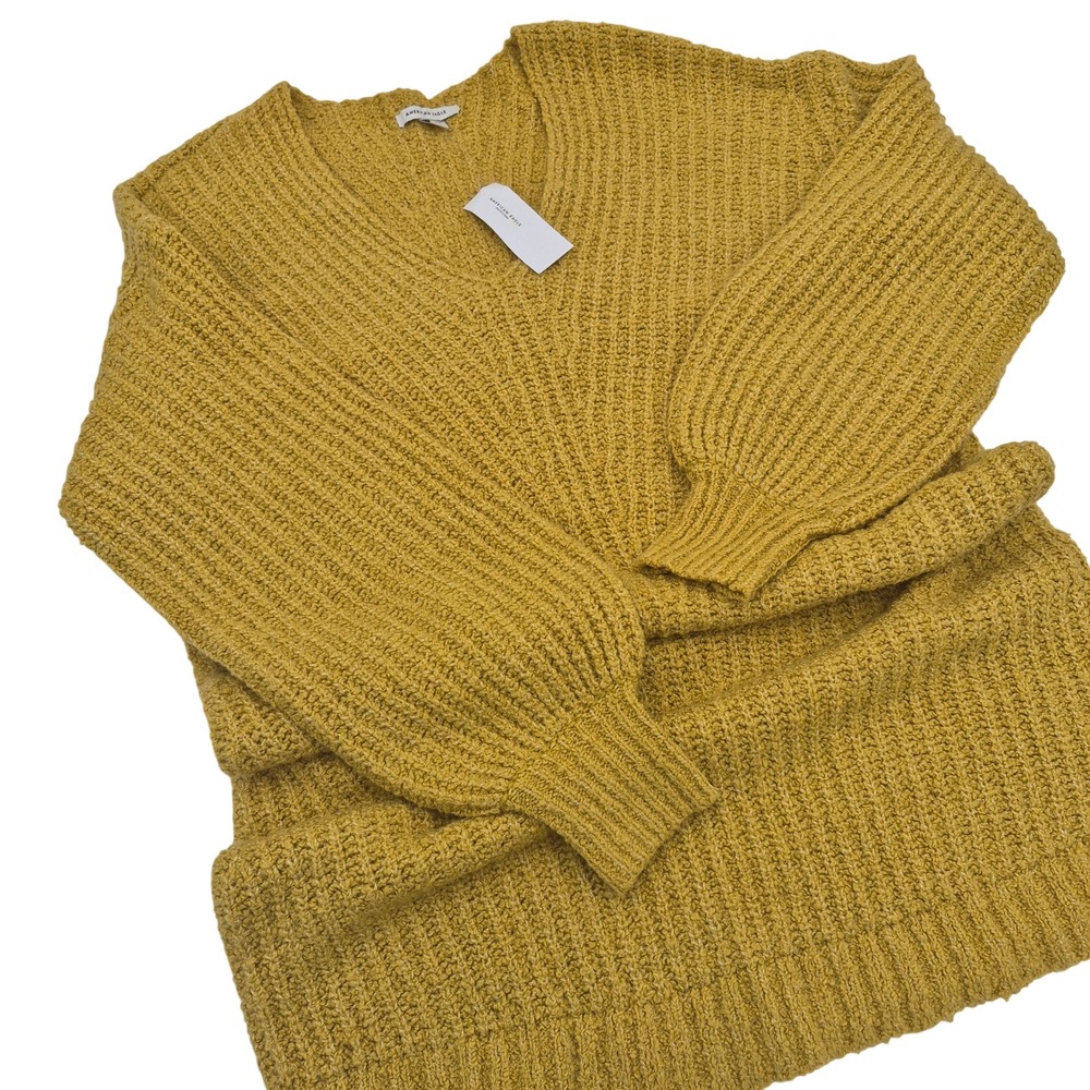 American Eagle Mustard Yellow V-Neck Balloon Sleeve Tunic Sweater New M - Picture 2 of 8